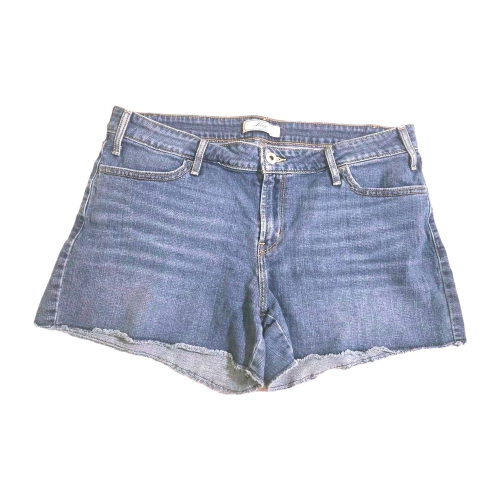 Levis Women 14 Blue Denim Cut Off Shorts Medium Wash Frayed Hem Stretch